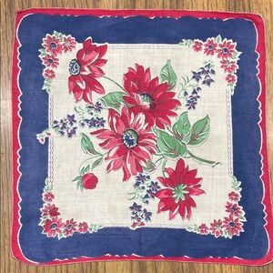 Vintage Floral Red and Blue Decorative Handkerchief - Unbranded